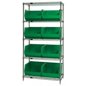 Quantum wire shelving units complete with ultra bins 36" x 18" x 74" Green