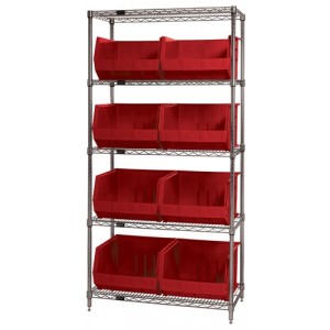 Quantum wire shelving units complete with ultra bins 36" x 18" x 74" Red