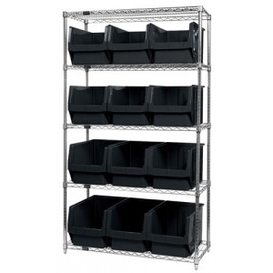 Quantum wire shelving units complete with giant hopper bins 42" x 18" x 74" Black