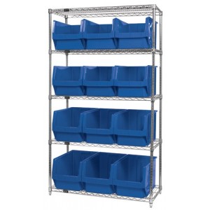 Quantum wire shelving units complete with giant hopper bins 42" x 18" x 74" Blue