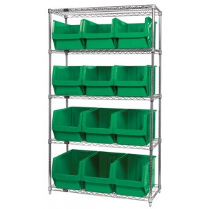 Quantum wire shelving units complete with giant hopper bins 42" x 18" x 74" Green