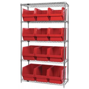 Quantum wire shelving units complete with giant hopper bins 42" x 18" x 74" Red