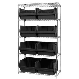 Quantum wire shelving units complete with giant hopper bins 42" x 18" x 74" Black