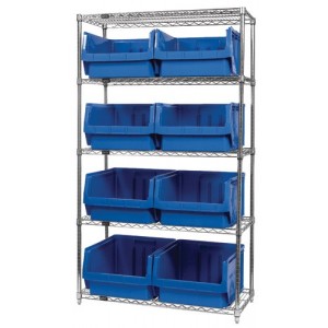 Quantum wire shelving units complete with giant hopper bins 42" x 18" x 74" Blue