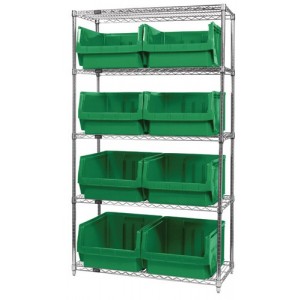 Quantum wire shelving units complete with giant hopper bins 42" x 18" x 74" Green