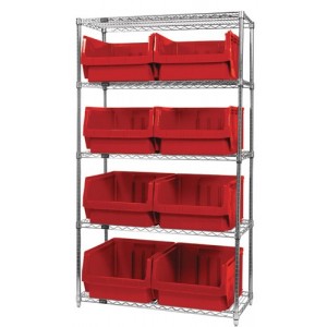 Quantum wire shelving units complete with giant hopper bins 42" x 18" x 74" Red
