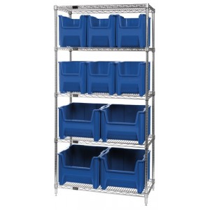 Quantum wire shelving units complete with giant hopper bins 36" x 18" x 74" Blue