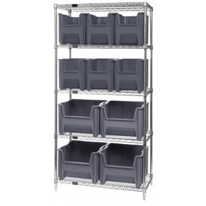 Quantum wire shelving units complete with giant hopper bins 36" x 18" x 74" Gray