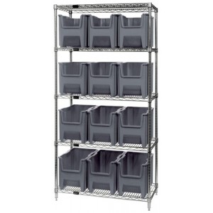 Quantum wire shelving units complete with giant hopper bins 36" x 18" x 74" Gray