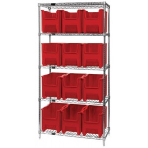 Quantum wire shelving units complete with giant hopper bins 36" x 18" x 74" Red