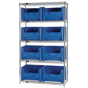 Quantum wire shelving units complete with giant hopper bins 42" x 18" x 74" Blue