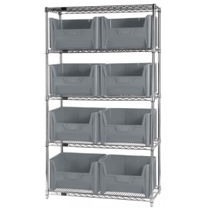 Quantum wire shelving units complete with giant hopper bins 42" x 18" x 74" Gray