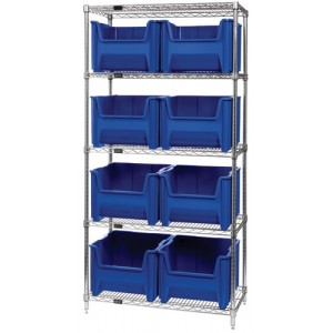 Quantum wire shelving units complete with giant hopper bins 36" x 18" x 74" Blue