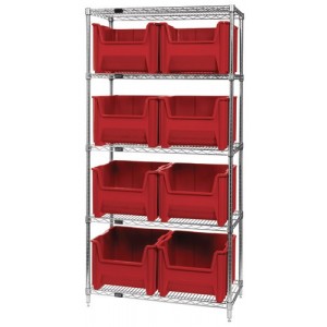 Quantum wire shelving units complete with giant hopper bins 36" x 18" x 74" Red