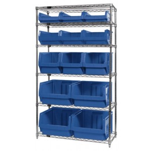 Quantum wire shelving units complete with giant hopper bins 42" x 18" x 74" Blue