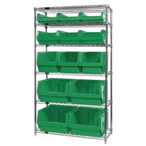 Quantum wire shelving units complete with giant hopper bins 42" x 18" x 74" Green