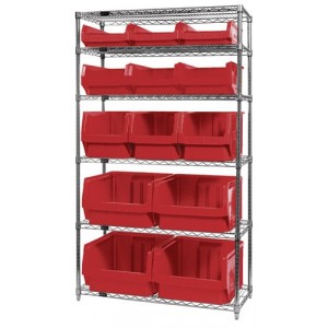 Quantum wire shelving units complete with giant hopper bins 42" x 18" x 74" Red