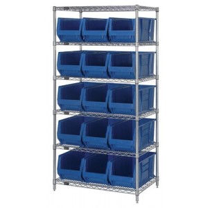 Wire Shelving with Bins - Complete Package 36" x 24" x 74" Blue