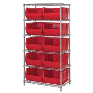 Wire Shelving Unit with Bins - Complete Package 36" x 24" x 74" Red