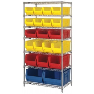 Wire Shelving Unit with Bins - Complete Package 36" x 24" x 74" Blue