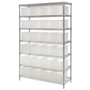Wire shelving units with clear dividable grid containers 60" x 24" x 63"