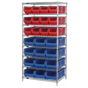 Wire Shelving Unit with Bins - Complete Package 36" x 24" x 74" Blue