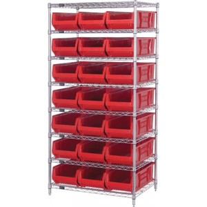 Wire Shelving Unit with Bins - Complete Package 36" x 24" x 74" Red