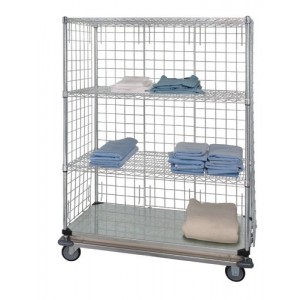 4 shelf dolly base cart w/solid bottom shelf & enclosure panels 24" x 36" x 69"